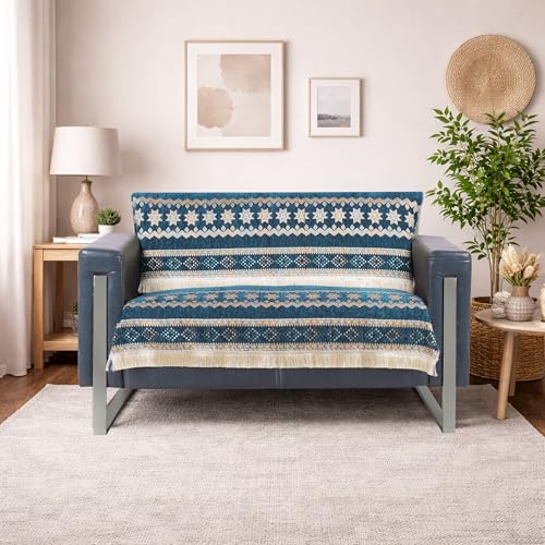 Image of Elegant Woven Turquoise Sofa Cover - Soft Chenille Traditional Pattern with Lace Style | L-Shape Sectional Seat Protector for Living Room | Durable & Stylish Slipcover 2 Seater Sofa