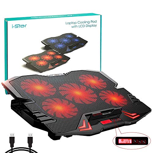 Laptop Cooling Pad, Laptop Cooler Cooling Pad Stand for up to 15.6 inch Laptop with Metal Mesh Surface, 5 Fan 2500RPM Adjustable Strong Wind LED Light, Free Height, 2 USB Port, Red Fan