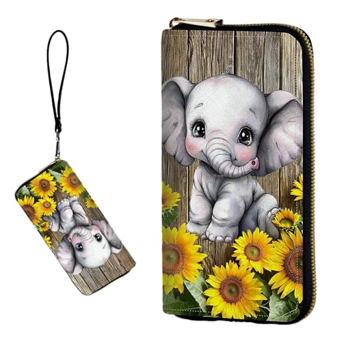 Women's RFID Blocking Wallet PU Leather Slim Bifold Wristlet Clutch with Large Capacity,16 Card Slots & Zipper Coin Purse Pocket Ladies Travel Purse Wristlet,Wooden Sunflowers Elephant