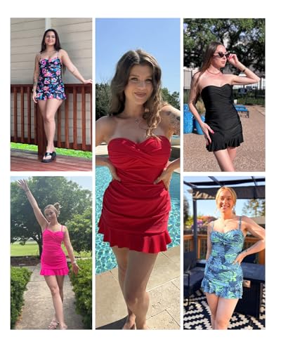 Holipick Women's Tummy Control One Piece Swim Dress Strapless Swimsuit Bandeau Skirted Bathing Suits4