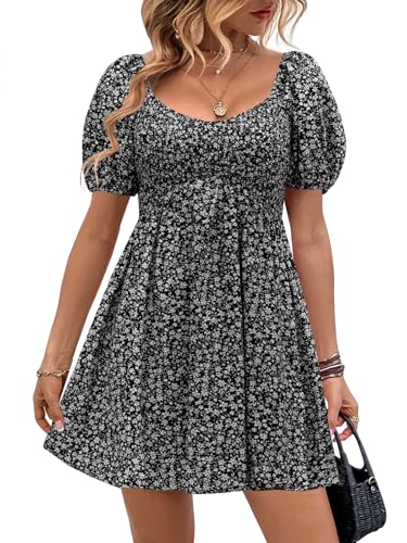 Image of Womens Babydoll Dress 2026 Summer Casual Puff Sleeve V Neck Cute Boho Smocked Flowy Short Sundress Beach Mini Dresses