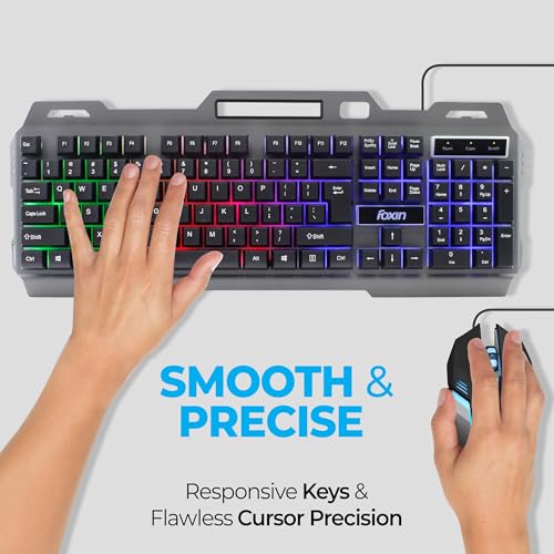 Image of FOXIN Thunder Gaming Keyboard and Mouse Combo | Rainbow Backlit Membrane Keyboard (104 Keys) with Phone Holder | 3600 DPI | 6 Button Mouse | Metal Body | Wired Gaming Combo for PC & Laptop
