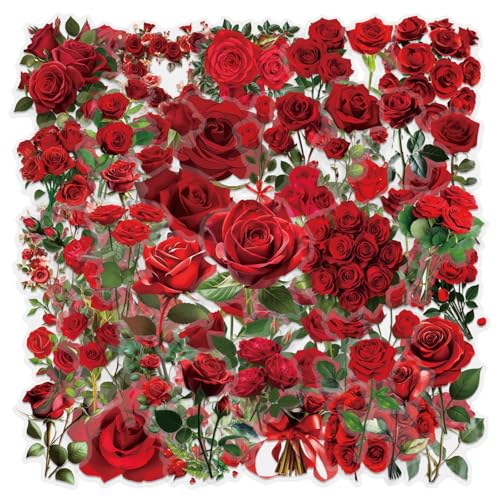 60 Pcs Red Rose PET Transparent Sticker, Self-Adhesive Scrapbooking Stickers Supplies Journal Stuffers for Adult Card Making Letters DIY Water Bottles,Laptop,Scrapbook,Journal, Guitar, Phone(Rose)
