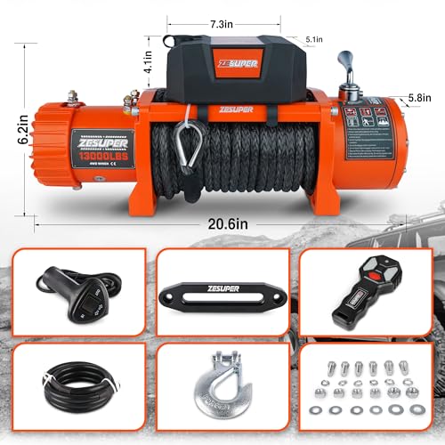 ZESUPER 12V 13000 lb Load Capacity Electric Winch Kit with Synthetic Rope, Wireless Remote and Corded Control,Waterproof IP68 Off Road Winch for Jeep,Truck,SUV