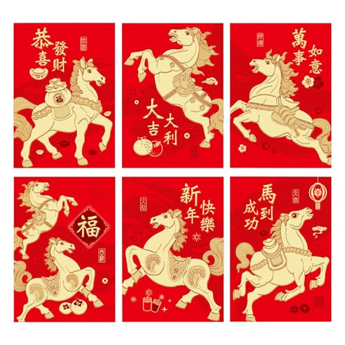 Enveloppes Rouges Chinoises Pour Argent,6 Poches à Motif Cheval - 2026 Texte de Vœux Gaufrage à Chaud sur Papier - pour Cadeaux Familiaux entre Amis Anniversaire Fête d'Emménagement Nouvel