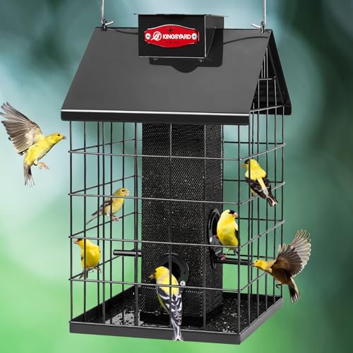 Kingsyard Squirrel Proof Caged Bird Feeder for Outdoor Hanging - Weatherproof Metal Mesh Tube Finch Bird Feeder with 4 Ports for Nyjer/Thistle Seed, Small Birds Goldfinches, Chickadees, Black
