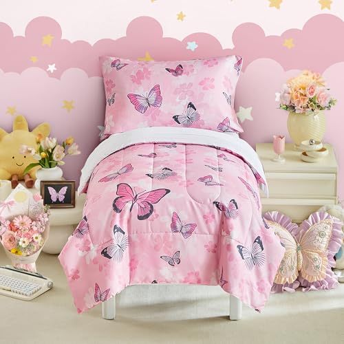Image of Butterfly Toddler Bedding Set for Girls Pink Colorful Butterfly 4PC Toddler Bed Set - Soft Pink Flowers Cute Princess Toddler Bed in a Bag with White Sheet Set and Pillow Shams
