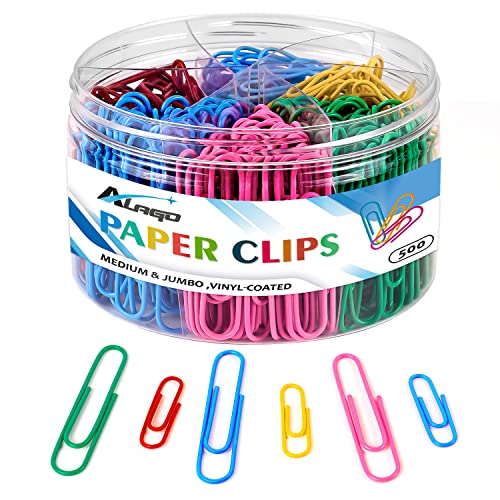 Colored Paper Clips Assorted Sizes, Small, Medium & Jumbo Paperclips, Coated Large Paper Clips for Paperwork, Ideal for Home, School & Office Use (Multicolor-500 pcs)