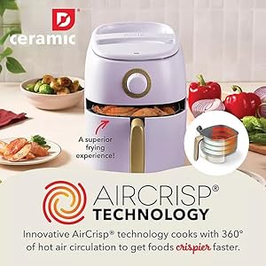 Daash Ceramic Tasti-Crisp Express Air Fryer 2.6QT, Oil-Free Cooking, Adjustable Timer, Non-Stick Ceramic Coating, Compact Size for Small Kitchens, Fast Heating for Fries, Chicken (Lavender) Daash Ceramic Tasti Crisp Express Air Fryer 26QT Oil Free Cooking Adjustable Timer Non Stick Ceramic Coating Compact Size for Small Kitchens Fast Heating for Fries Chicken Lavender