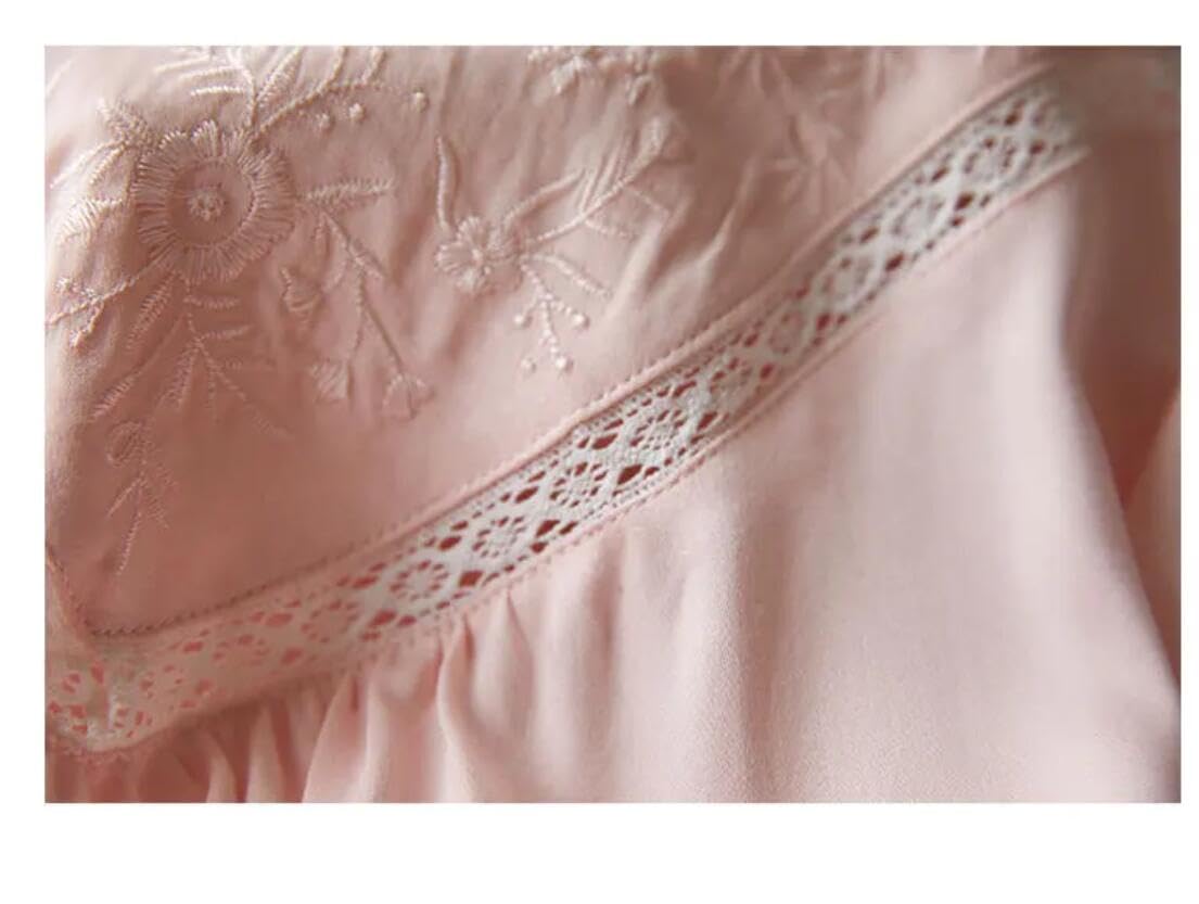 Camisón De Algodón con Escote Redondo, Manga Larga, Largo Medio Y Bordado con Encaje En Forma De Triángulo