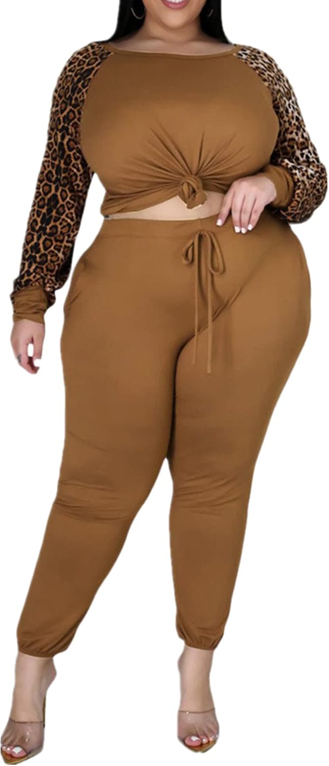 Plus Size Leopard Print 2 Piece Outfit for Women Sweatsuits Sets Tops and Sweatpans Sweatsuits Tracksuits