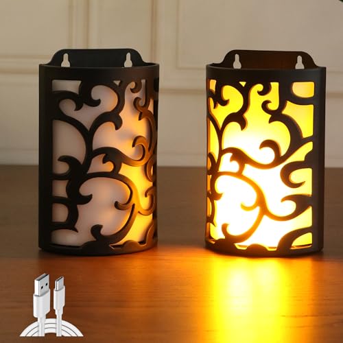 Image of Decorative Lanterns with Timer, Rechargeable Candle Light Flameless Candles Indoor /Outdoor Wall Sconces,Flickering Flames Wall Light for Hallway, Bathroom,2 Pack