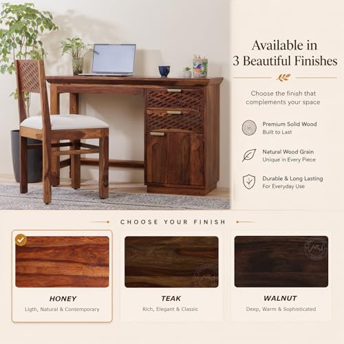 Image of NSH Solid Sheesham Wood Study Table with Chair | Wooden Writing Desk with Drawer & Door Storage | Pre-Assembled Computer Desk Workstation for Home Office & Study Room | Honey Finish