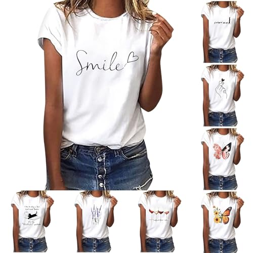 Tshirt Damen Sommer, Weiß Bedrucken T-Shirt - Rundhals Kurzarm Oberteile Baumwolle Casual Tee Shirts Teenager Mädchen Tunika Bluse Bunte Drucken Tops Sportshirt