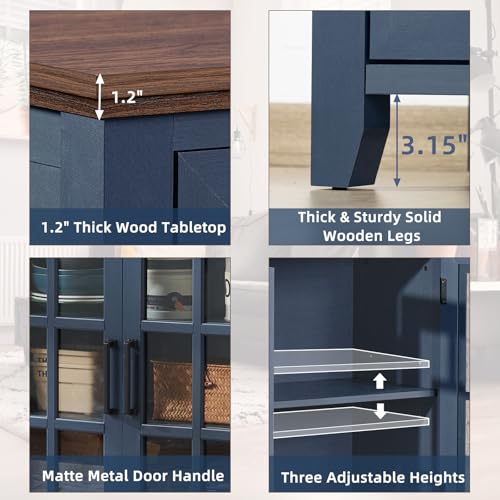 Joaxswe Large Sideboard Buffet Cabinet with Storage, 32\" Farmhouse Navy Blue Kitchen Coffee Wine Bar Cabinet with 2 Glass Doors, Wood Mid Century Modern Side Board Table for Dining Room, Living Room