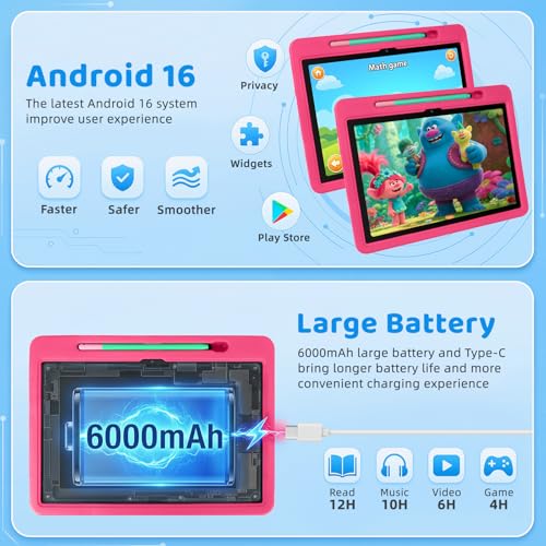 Image of 2026 Upgraded Android 16 Kids Tablet, 10 inch Tablet for Kids with 20GB RAM 64GB ROM 1TB Expand, 6000 mAh Battery, Parental Control, UKIDOZ Kids Space, Widevine L1 HD, Protective Case Pen(Pink)