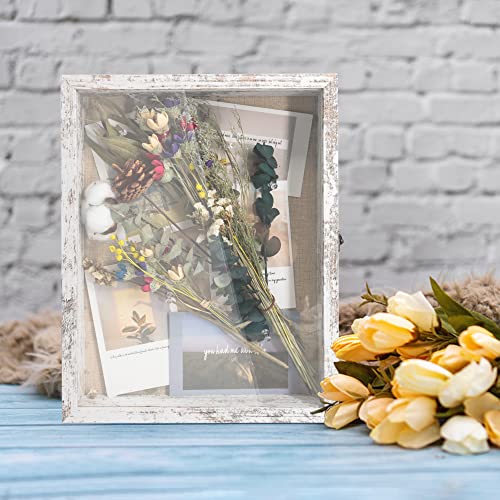 Image of GraduationMall 11x14 Wood Shadow Box Frame Glass Door Display Case with Linen Back and 6 Stick Pins,1.5 inches Interior Depth,Ideal for Memorabilia Pictures Flowers Medals Tickets Rustic White