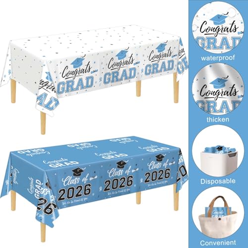 Image of Oigco 2026 Graduation Decorations, 2 Pack Sky Blue Graduation Tablecloths Class of 2026, Congrats Grad Plastic Tablecloths for Graduation Party Decorations, 54 x 108 Inch