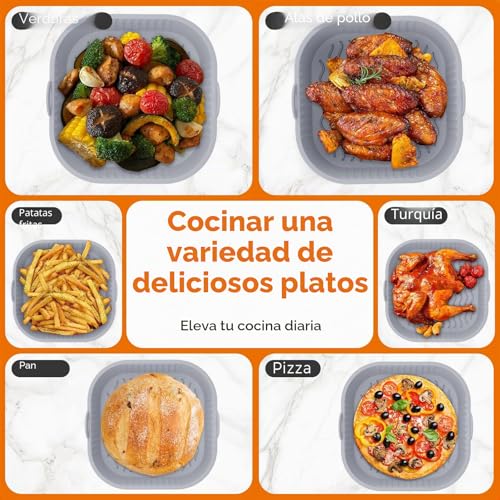 Miniatura 7 de Diboniur Molde Silicona Freidora De Aire 5-8l, 2 Piezas 21cm Bandeja Recipiente Air Fryer, Cesta Silicona Cuadrado, Reutilizable, Accesorios Freidora De Aire Negro Y Gris