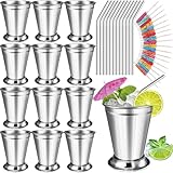 12 Sets Mint Julep Cups Silver with Straws 12 oz Stainless Steel Drinking Cups Beaded Mint Julep Cups Metal Cocktail Glasses with Straws and Drink Picks for Mint Julep Cocktails Beer Juice Beverage