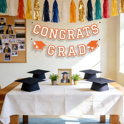Image of Congrats Grad Banner Graduation Party Banner Decoration Hanging Garland High School College Backdrop Supplies Orange White