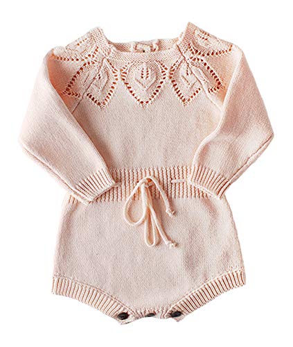 Newborn Baby Girls Cute Knit Strap Romper Leaves Pattern Jumpsuit Bodysuit (90/Fit 24 months, Pink)