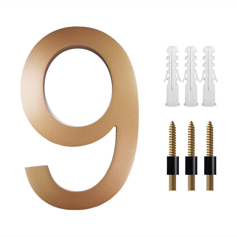 Hausnummer 8 Zoll große schwebende Hausnummern for draußen, 20 cm goldenes Adressschild, Hausnummern-Deko mit Nagel-Kits 0-9 ABCD Hausnummernschild(No.9)