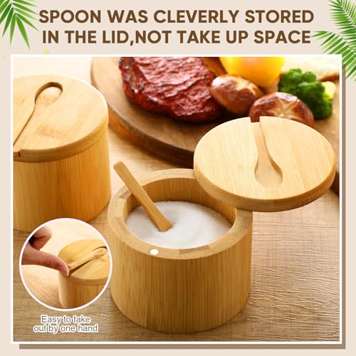 Honeydak 6 PCS 6oz Bamboo Salt Cellar Salt Container with Magnetic Swivel Lid & Spoon Bamboo Storage Box Bowl Elegant Kitchen Holder Saver Jar to Storage Pepper Spice Sea Sugar for Countertop by Honeydak - Image 6