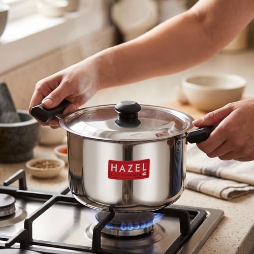 Image of HAZEL Stainless Steel Tope with Lid 2.5 Litre | Flat Bottom Patila with Cool Touch Handles | Milk Tope for Induction Cooktop & Gas | Steel Bhagona with Lid, 17.5 cm