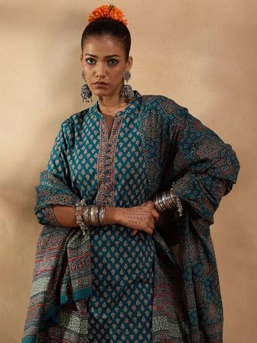 Image of INDO ERA Women's Pure Cotton Printed Straight Kurta & Pant With Dupatta Set