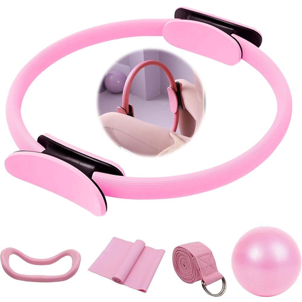 Mineup Zestaw pierścieni do pilates, 5 sztuk zestawu pilates essentials dla kobiet z piłką do jogi, pasem do jogi i paskami fitness, pierścień pilates, pierścień pilates yoga do domu, jogi, siły i