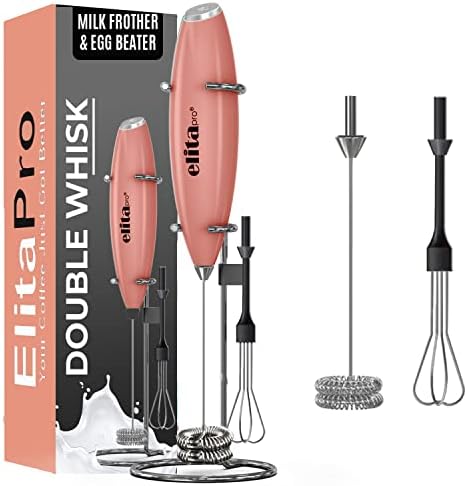 ELITAPRO ULTRA-HIGH-SPEED 19,000 RPM, Milk Frother DOUBLE WHISK, Unique Detachable EGG BEATER and STAND For quick preparation (Peach)