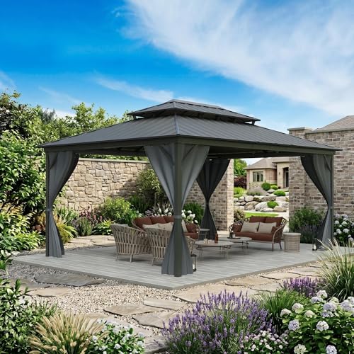 12 x 16 Hardtop Gazebo with Galvanized Steel Double Roof Heavy Duty Outdoor Gazebo with Netting & Curtains for Patio Backyard Deck & Lawn