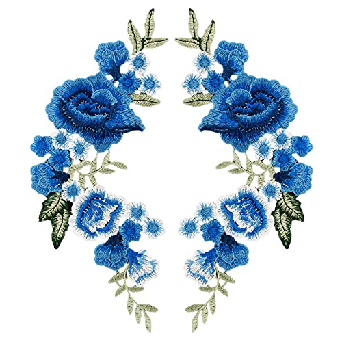 Framendino, 1 Pair Blue Rose Embroidery Patch Beautiful Flowers Embroidered Applique Patches for Clothes