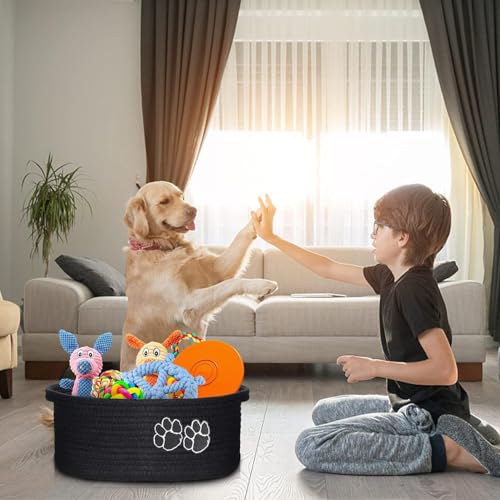 Image of Dog toy basket, used for organizing rope storage, with handle, cute cotton parenting gift dog toy box storage box (Gray and white)