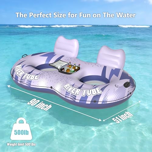 Image of JOSEN Inflatable River Tube Float - 2 Person Heavy Duty River Float, Pool Floats Adult, Lake River Floats Water Tubes for Floating with Removable Cooler & Cupholders for Summer Relaxation