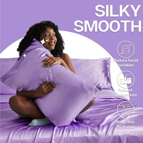 Image of MR&HM Satin Pillowcase for Hair and Skin, Silk Satin Pillowcase 2 Pack, Standard Size Pillow Cases Set of 2, Silky Pillow Cover with Envelope Closure (20x26, Lavender)