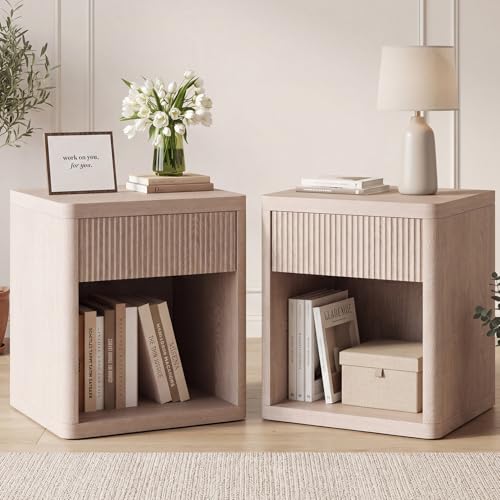 Image of OLIXIS Set of 2 Modern Nightstand, 22.7 inch Fluted Drawer Wood Bedside Table | Compact white oak nightstand with drawer & open shelf, sturdy multi-use end table for bedroom, sofa side table, entryway