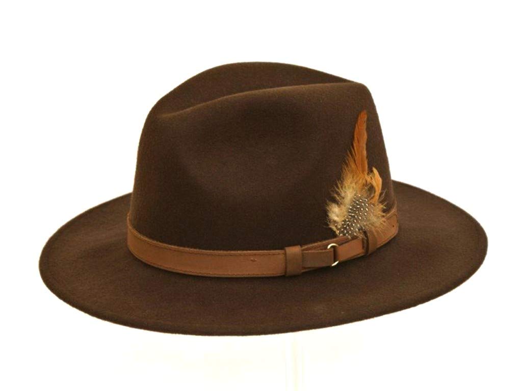 Dh Men's Brown Gents Ranger Foldable Crushable Wool Waterproof Felt Fedora Trilby Hat With Leather Band