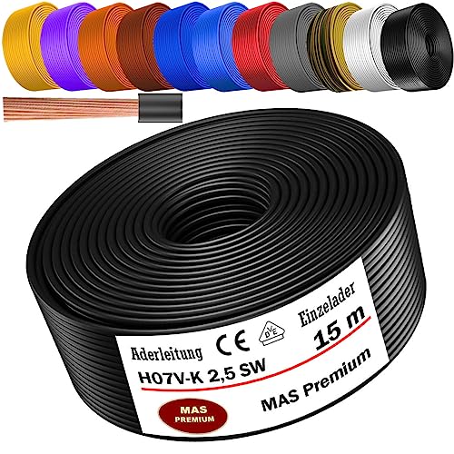 MAS Premium - Cable conductor H07 V-K de 5 a 100 m - 1 x 2,5 mm² SW, HBL, GNGE, RT, DBL, BR, OR, GR, WS, VIO o GE Cable simple flexible (negro, 15 m)