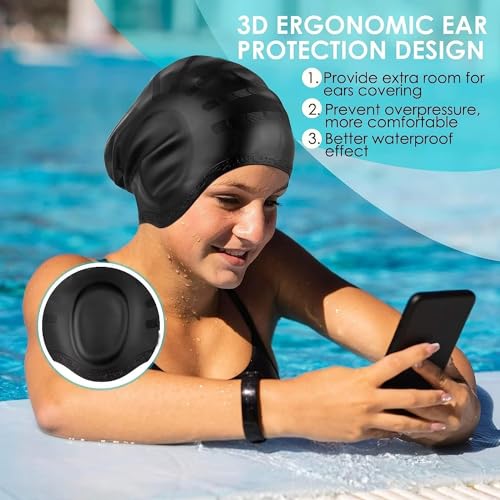 Image of TEKCOOL Designed Long Hair Swim Cap,Waterproof Silicone Swimming Cap for Adult Woman and Men,Keeps Hair Clean with Ear Protector Fresh Long Lasting Silicone Made Waterproof Swimming Cap(Black)'