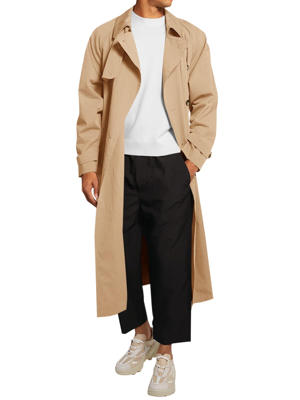 Runcati Mens Trench Coat Double Breasted Belted Windbreaker Jackets Lapel Lightweight Long Jacket Casual Overcoat