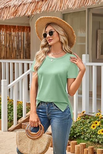 Herou Women's Short Sleeve T-Shirt - Crew Neck Causal Plain Gym Outfit Tee Top with Side Split Jade Green Small — view 5