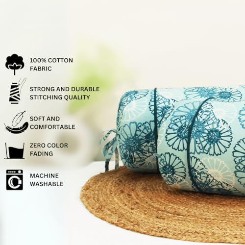 Image of AURAVE Cotton 144 TC Printed Bolster Cover with Drawstring Closure, Set of 2, Soft Breathable Durable Machine Washable for Sofa Bed & Home Decor, 15 inchx30 inch, Dark Blue | Cover Only