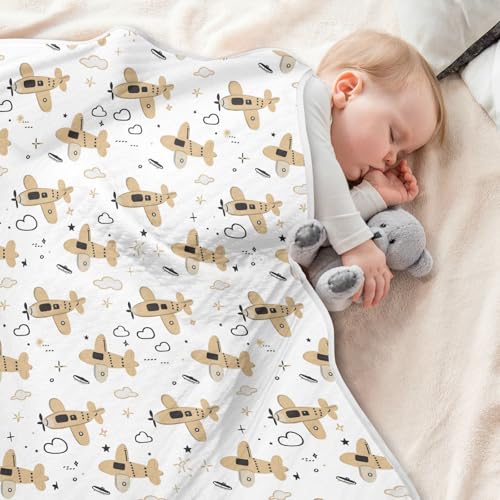 Image of Nursery Bed Blankets for Baby Girls and Boys Soft Warm Swaddle Blanket for Toddler and Infant 30X40in Cute Airplane Cartoon Pattern with Simple Lines