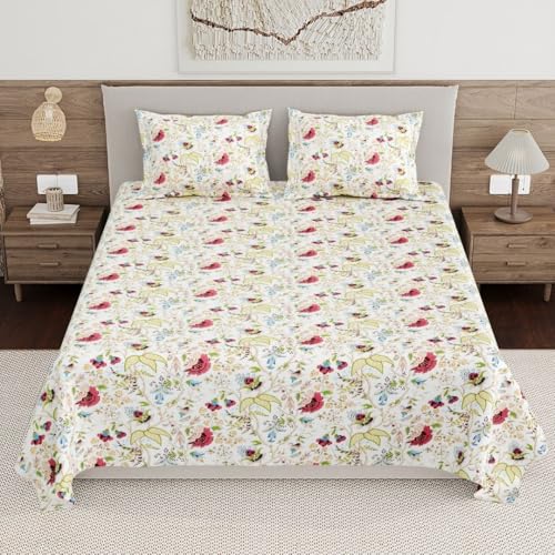 Image of Living Roots Ethnic Jaipur Block Print Double Cotton Bedsheet & 2 Pillow Covers, for Mattress Upto 6 inches Thick, No Colour Bleeding, Off White Colour, King Size 90 * 108 inches, 120TC (617-C)