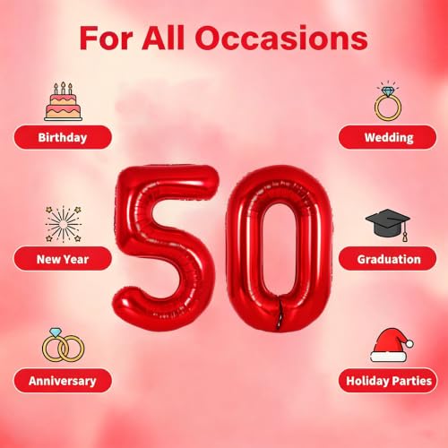 Image of Number Balloons Red Party Balloon - 40 Inch Large Number 50 Balloon, Numbers Balloon Birthday Decorations, Red Party Supplies for Anniversary