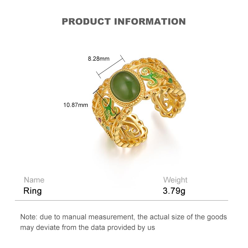 14K Gold Over S925 Sterling Silver Hetian Jade Yǎnwēi Open Rings, Chinese New Year Blessings, Ethnic Style Hand Ornament2