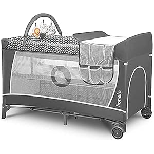 Lionelo Flower 4in1 Reisebett Baby, Laufstall Baby mit Seiteneingang, Wickeltisch, Zwei Matratzenaufhängungshöhen, Spielzeugbogen mit Spielfiguren, Rollen, Tragetasche