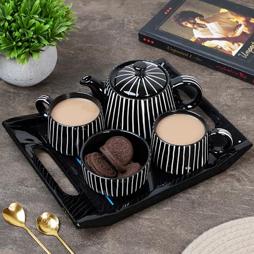 Image of CRAF10 Ceramic Handcrafted Midnight Stripe Tea Set - 1 Kettle (350 ML), 2 Cups (160 ML), 1 Bowl (for Sugar or Snacks), 1 Tray | Microwave & Dishwasher Safe | Teapot | Gifting Option